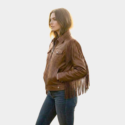 Women Brown Leather Fringe Jacket Western Cowboy Moto Style