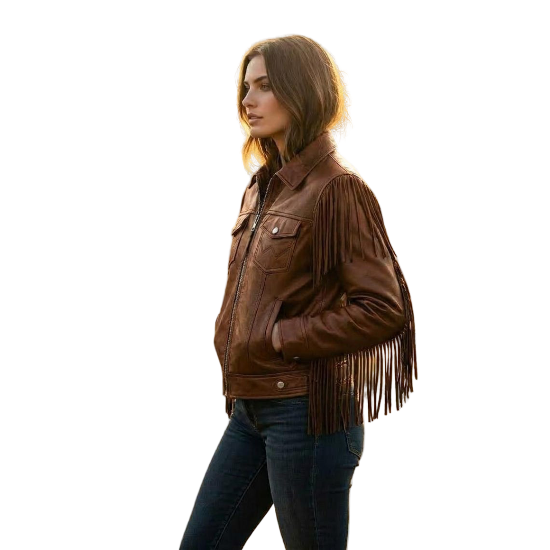 Side profile of western brown leather fringe jacket for women