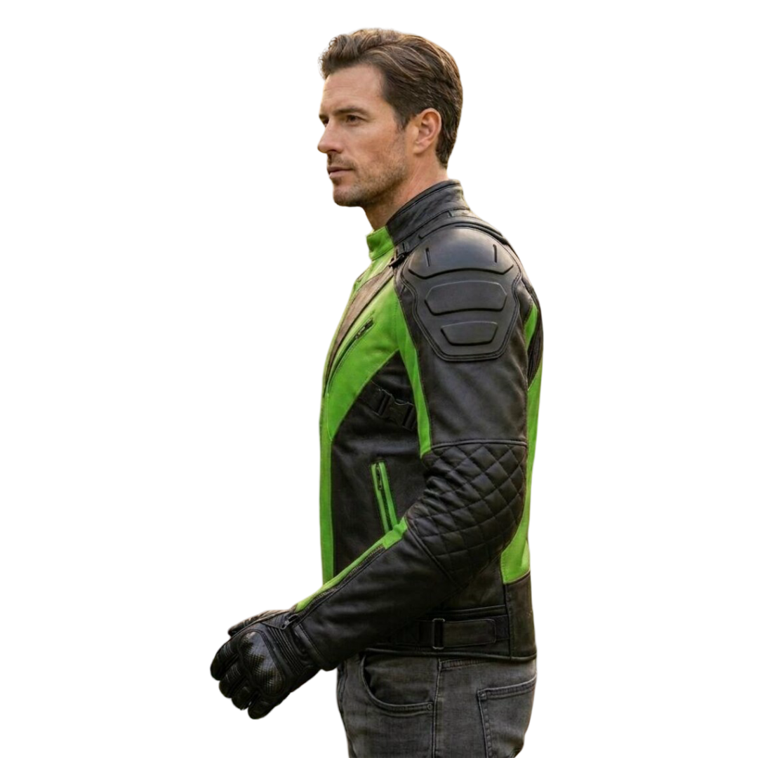 Side profile of two tone green and black leather motorcycle coat