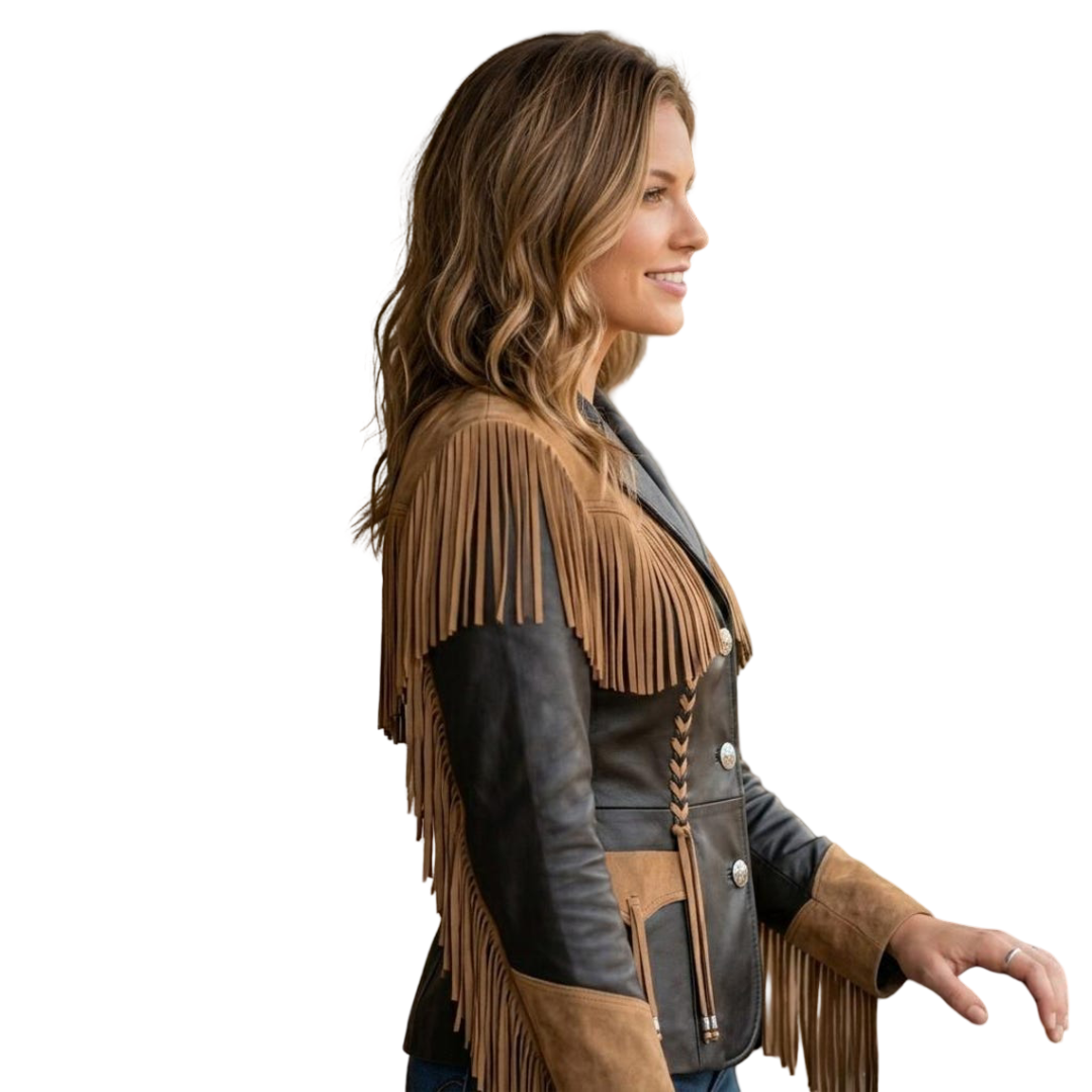 Side view of women’s cowgirl fringe leather jacket in black and tan