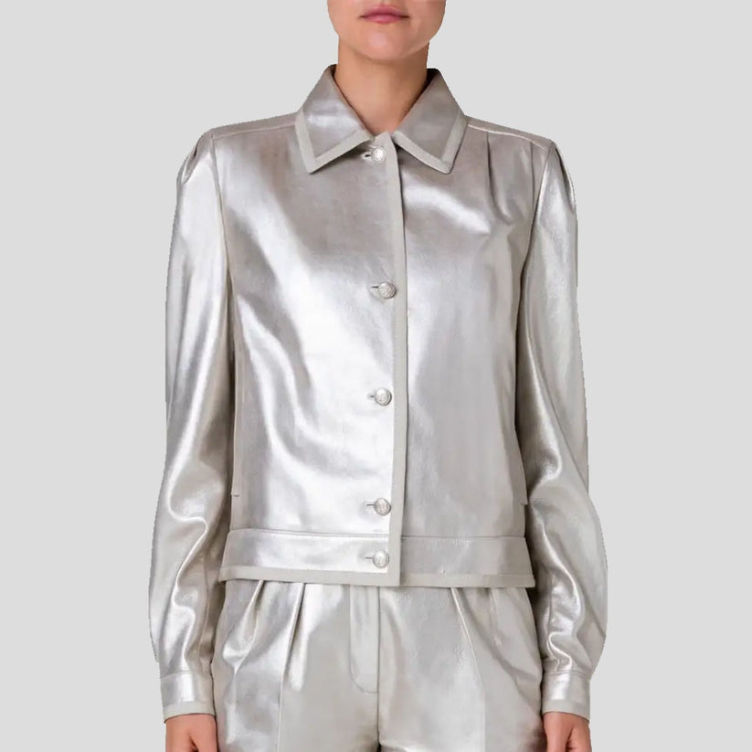 Women’s Silver Metallic Leather Shirt – Puffed Sleeve Statement Style