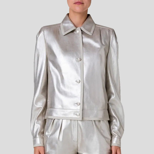 Women’s Silver Metallic Leather Shirt – Puffed Sleeve Statement Style