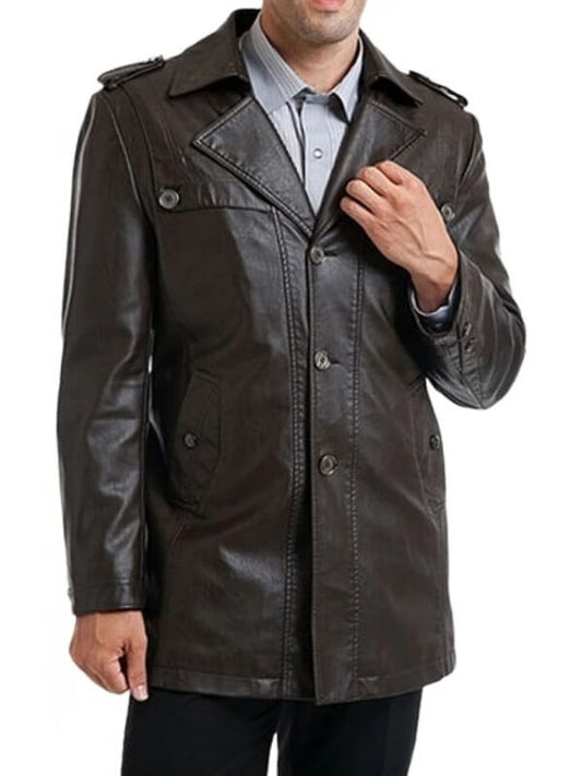 Men’s Black Leather Moto Coat – Single-Breasted Biker Style