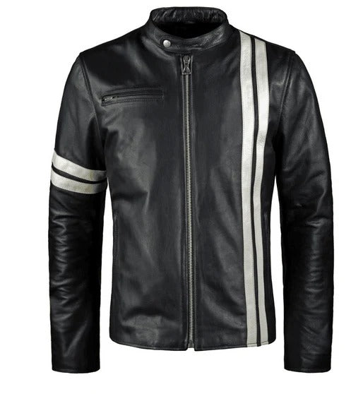 Sleek Black Biker Leather Jacket with White Stripes for Men