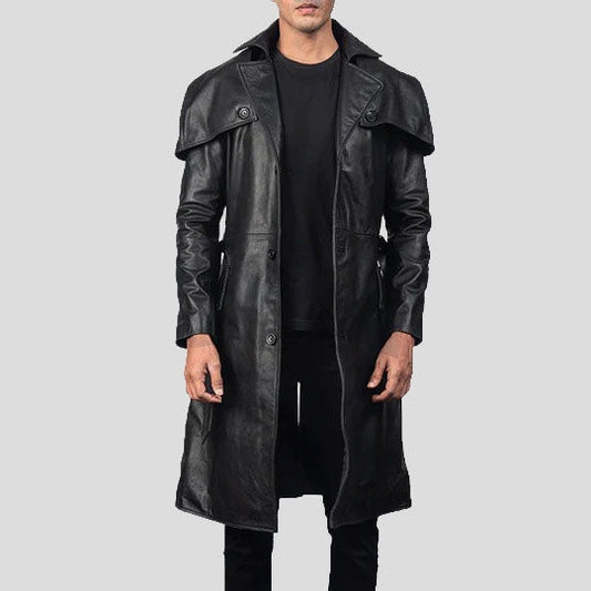 Men’s Sleek Black Leather Trench Coat – Modern Winter Essential