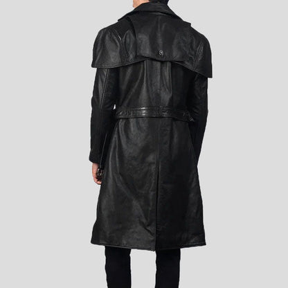 Men’s Sleek Black Leather Trench Coat – Modern Winter Essential