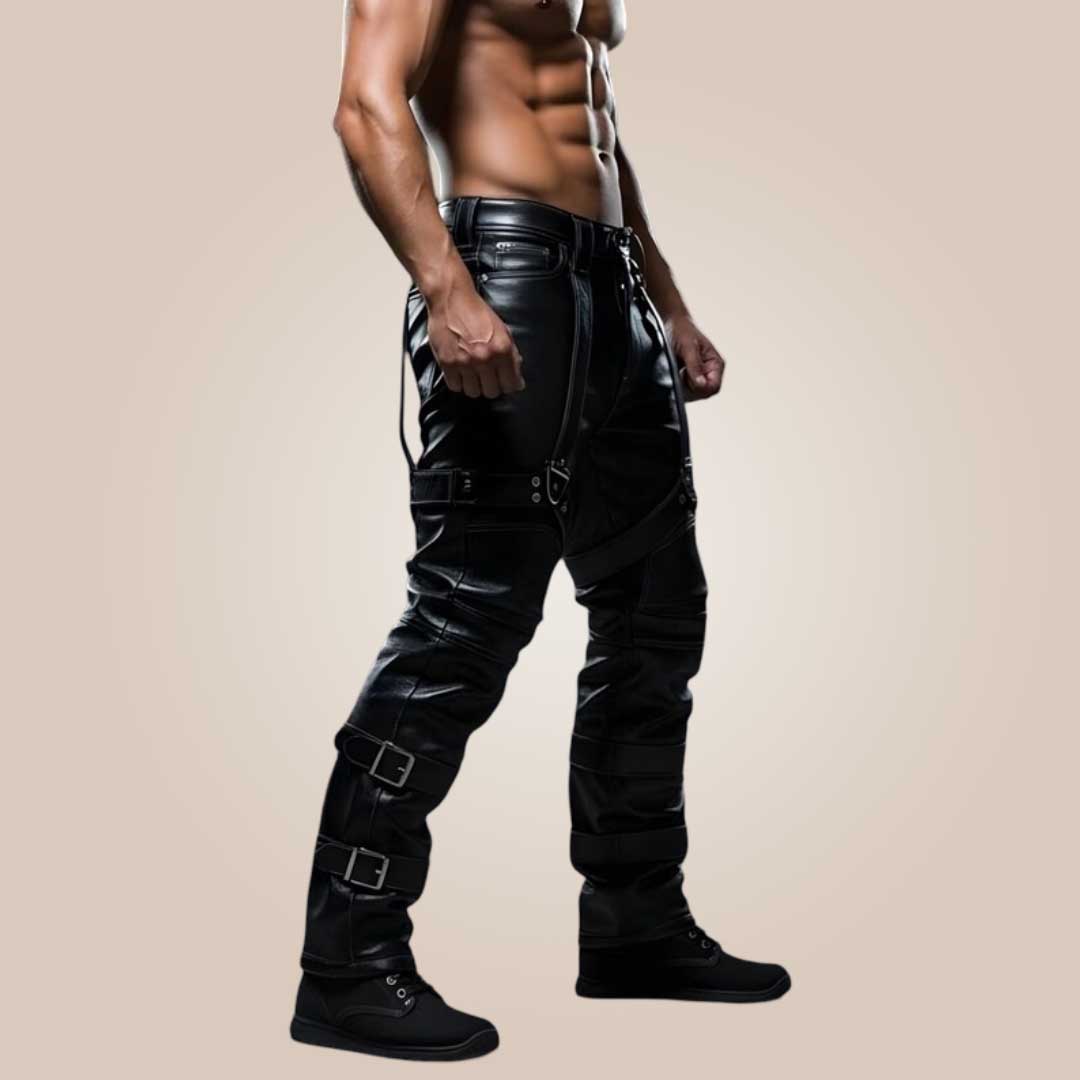 Slim-fit gothic leather pants side view