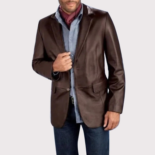 Men's Brown Sophisticated Leather Blazer Coat