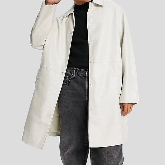 Men’s Sophisticated White Cowhide Leather Trench Coat
