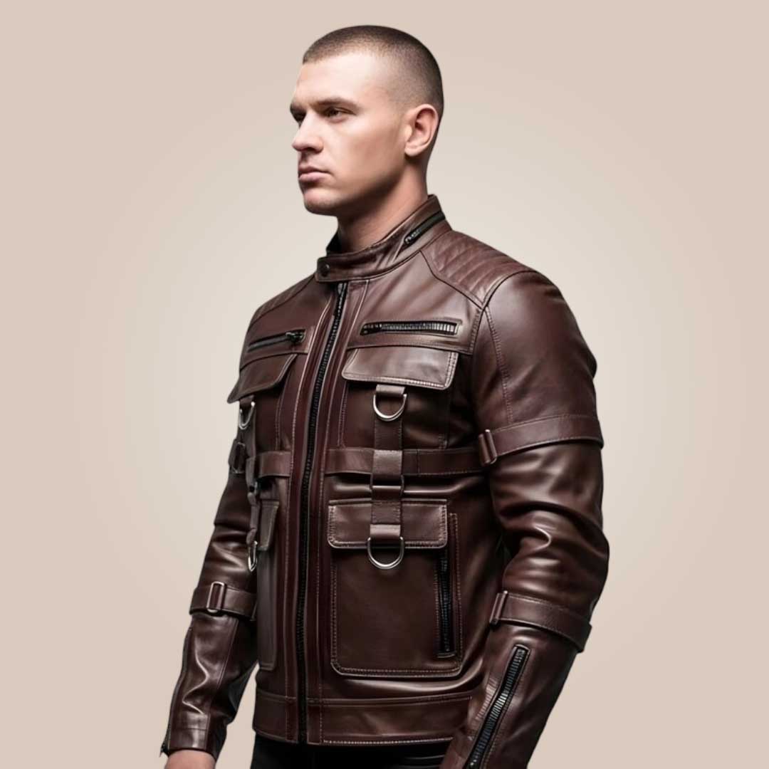 Steampunk style men’s leather biker jacket with straps