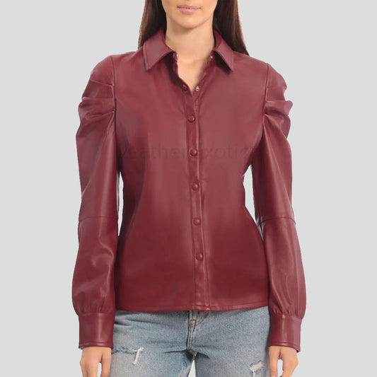 Stylish Women’s Red Leather Shirt with Puffed Sleeves