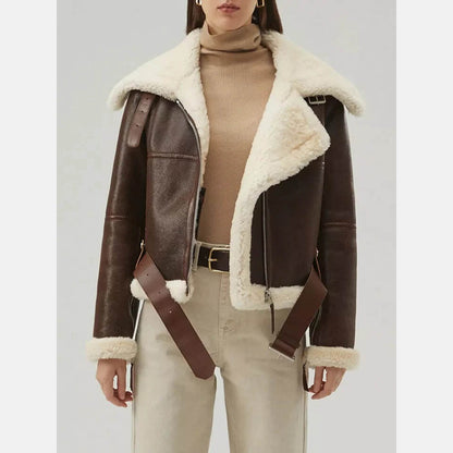 Stylish dark brown shearling aviator jacket for women