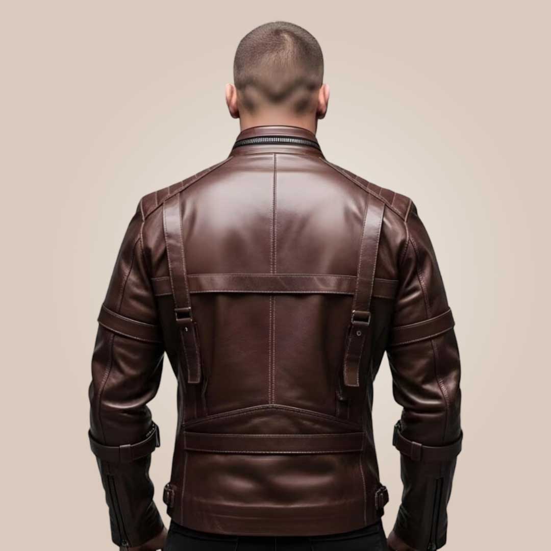 Tactical cowhide leather jacket quilted shoulder detail