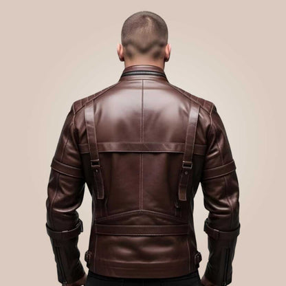 Tactical cowhide leather jacket quilted shoulder detail