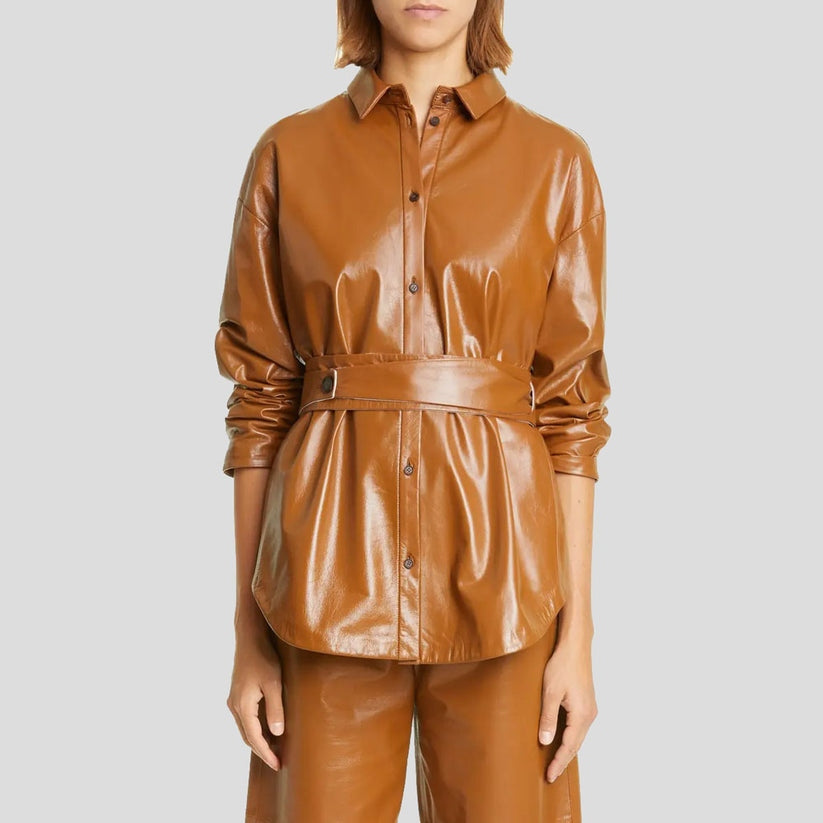 Women’s Tan Brown Leather Shirt Jacket – Belted Utility Style