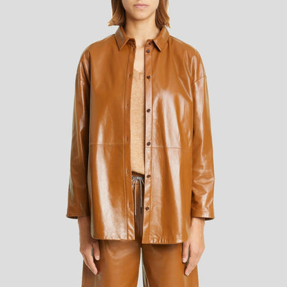 Women’s Tan Brown Leather Shirt Jacket – Belted Utility Style