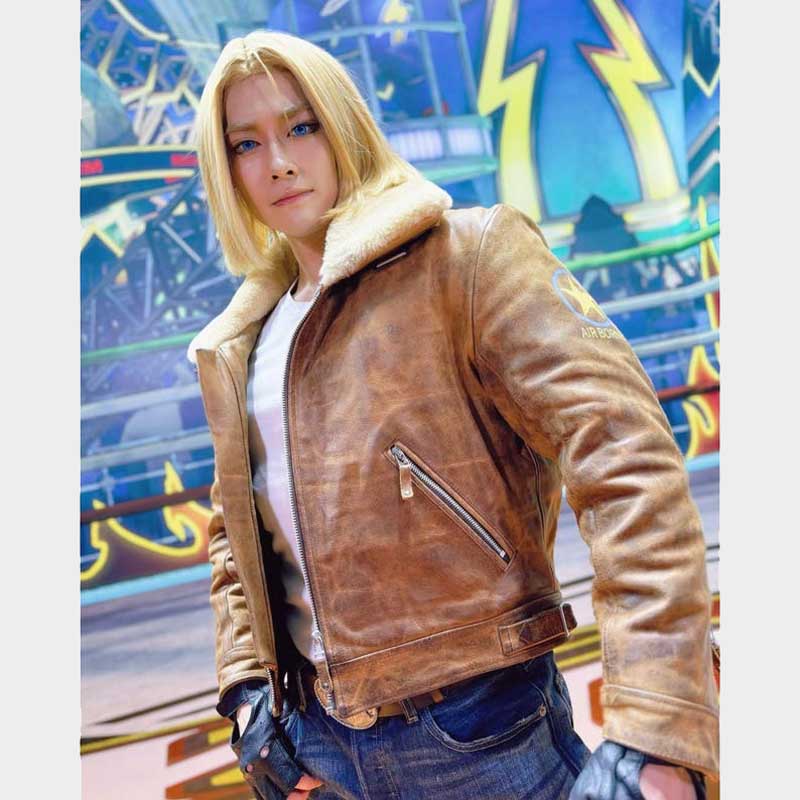Terry Bogard Inspired Cosplay Jacket Running Wild Real Leather front view showing faux fur collar and zip closure