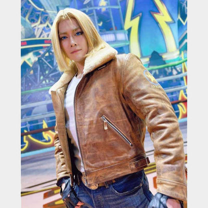 Terry Bogard Inspired Cosplay Jacket Running Wild Real Leather front view showing faux fur collar and zip closure