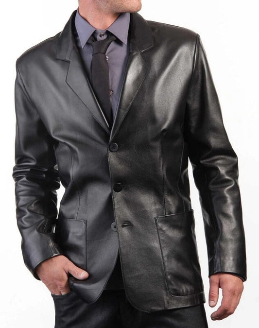 Men’s Black Leather Coat – Classic Three-Button Blazer Style
