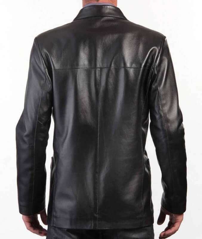 Men’s Black Leather Coat – Classic Three-Button Blazer Style