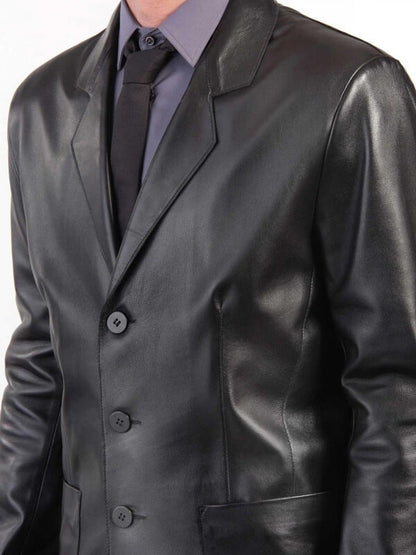 Men’s Black Leather Coat – Classic Three-Button Blazer Style