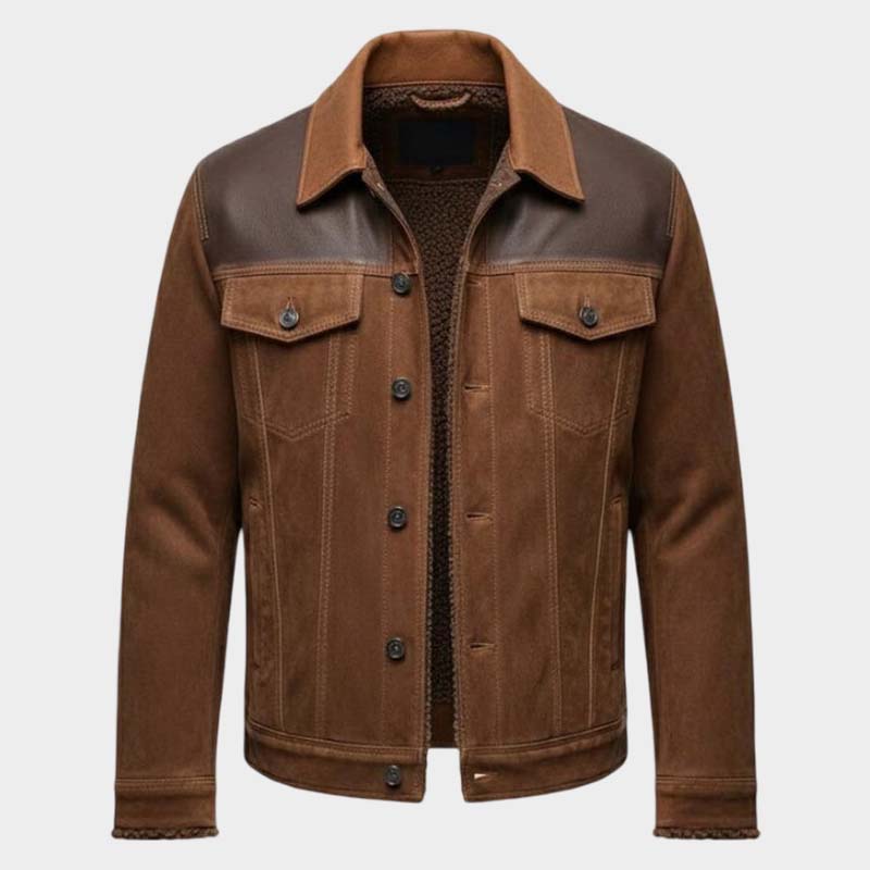 Two Tone Brown Sheep Leather Trucker Jacket front view for men