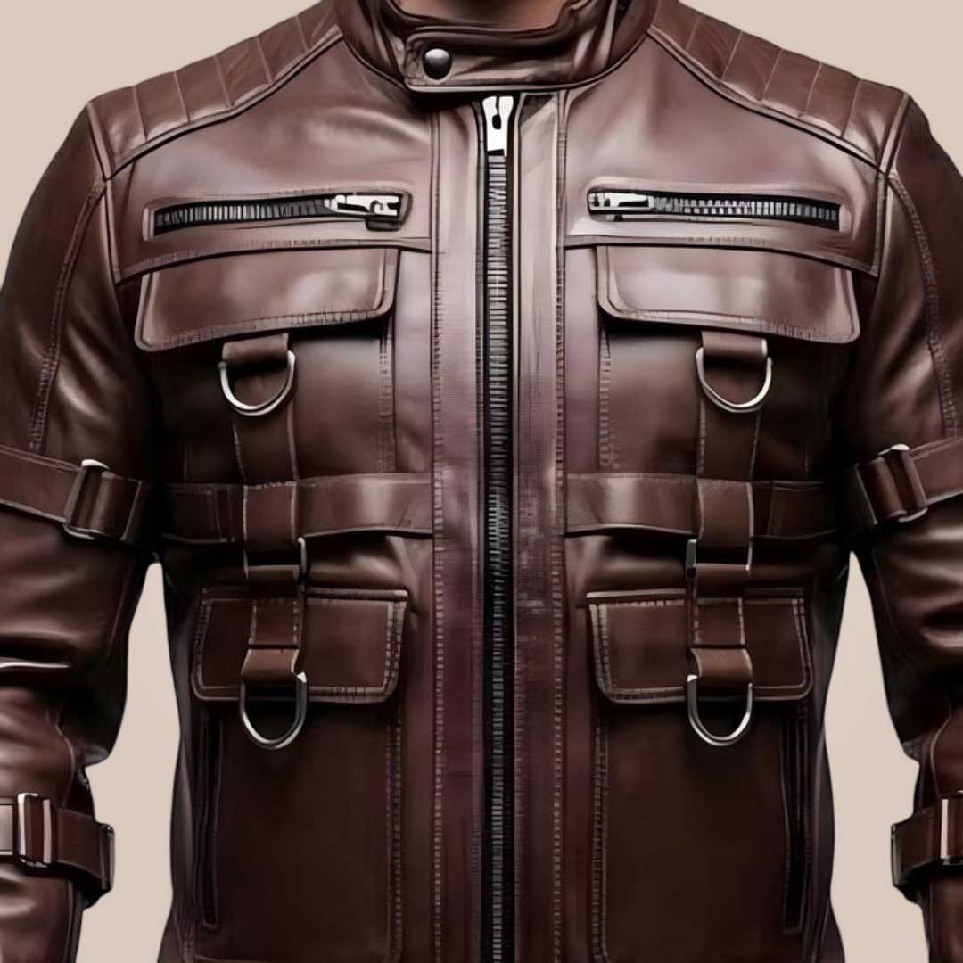 Utility cargo pocket detail on biker leather jacket