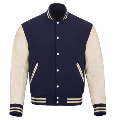 Letterman Bomber Casual Fashion Navy Blue Wool & Cream Leather Jacket