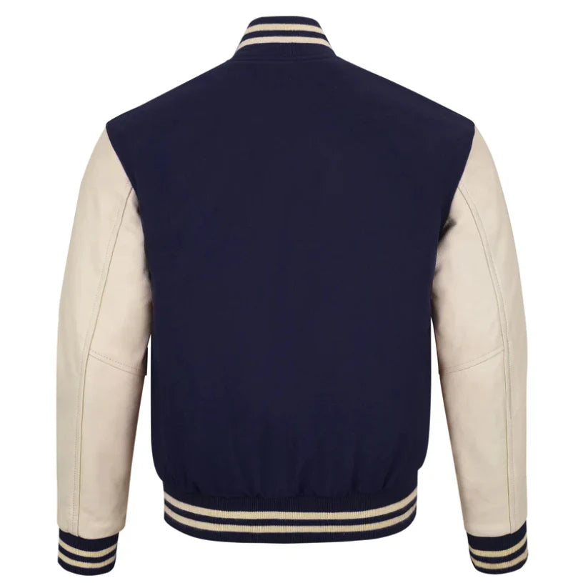 Letterman Bomber Casual Fashion Navy Blue Wool & Cream Leather Jacket