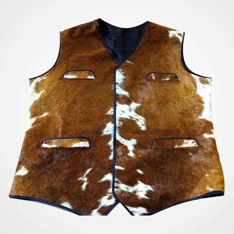 Vintage 80s Western Hair-On Cowhide Leather Vest for Men | Shearling Leather Jackets