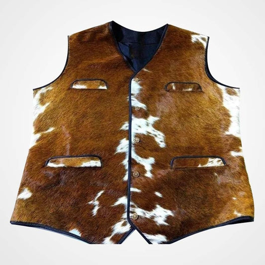 Vintage 80s Western Hair-On Cowhide Leather Vest for Men | Shearling Leather Jackets