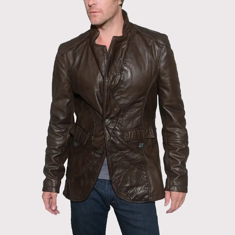 Men’s Vintage Brown Leather Blazer – Designer Style Jacket