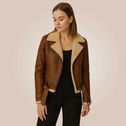 Vintage brown women shearling aviator jacket