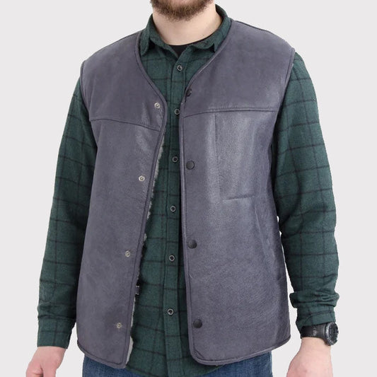 Western Men’s Sheepskin Leather Vest with White Fur