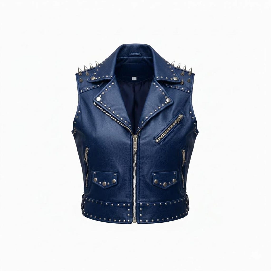  Front view of women blue studded leather biker vest with zip closure