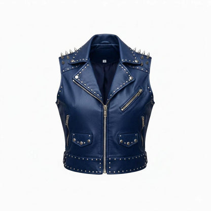 Front view of women blue studded leather biker vest with zip closure