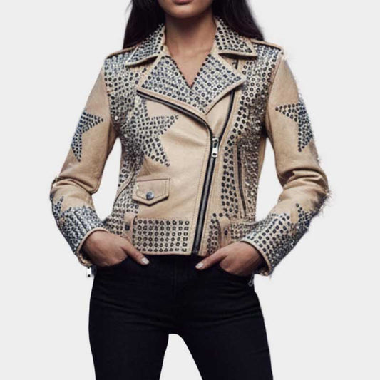 Women Beige Leather Studded Star Moto Jacket for Rockstar Festival