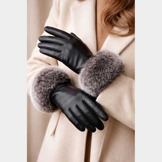 Women black leather gloves with grey shade fur cuffs for winter