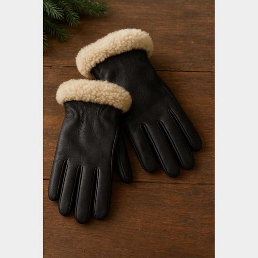 Women black leather gloves with beige shearling cuffs for winter warmth