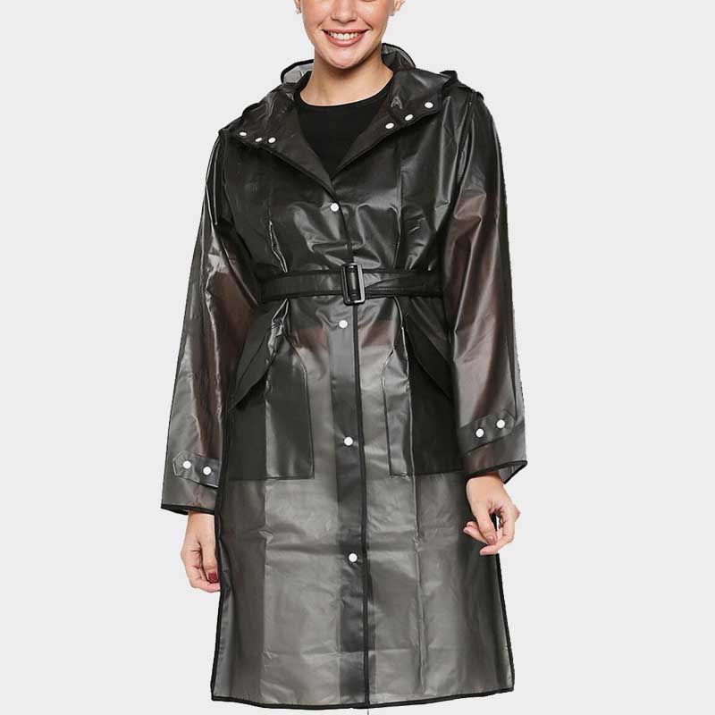 Women Black Semi Transparent Hooded Rain Jacket