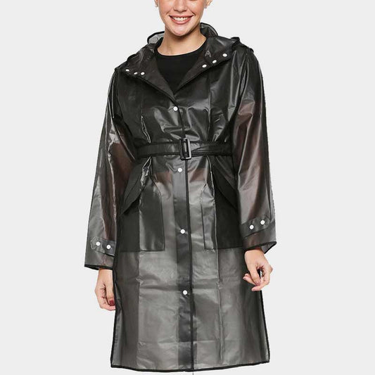 Women Black Semi Transparent Hooded Rain Jacket