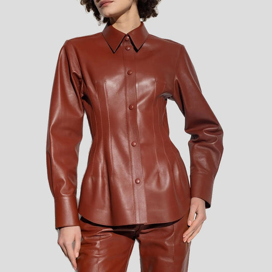 Women’s Bright Red Genuine Leather Shirt – Chic & Timeless