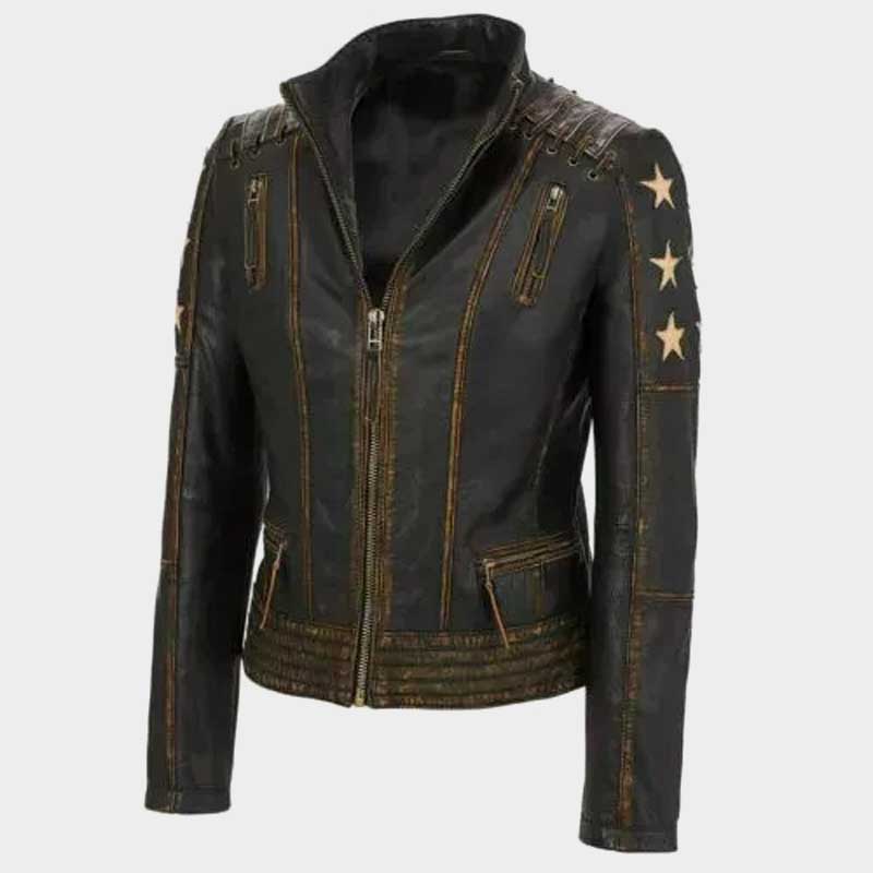 Women Brown Distressed Genuine Leather Bomber Jacket