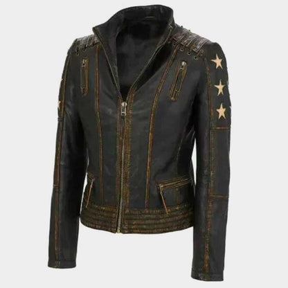 Women Brown Distressed Genuine Leather Bomber Jacket