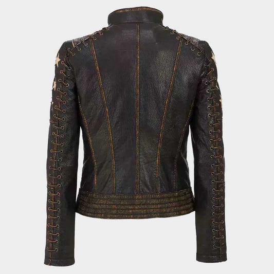 Women Brown Distressed Genuine Leather Bomber Jacket