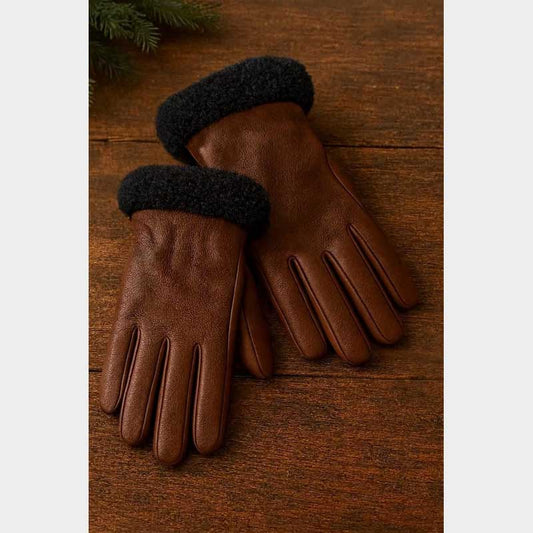 Women brown leather gloves with black shearling cuffs for winter warmth