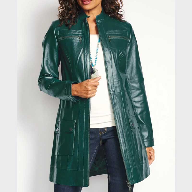 Women Green Genuine Leather Long Coat with Zip Front and Standup Collar