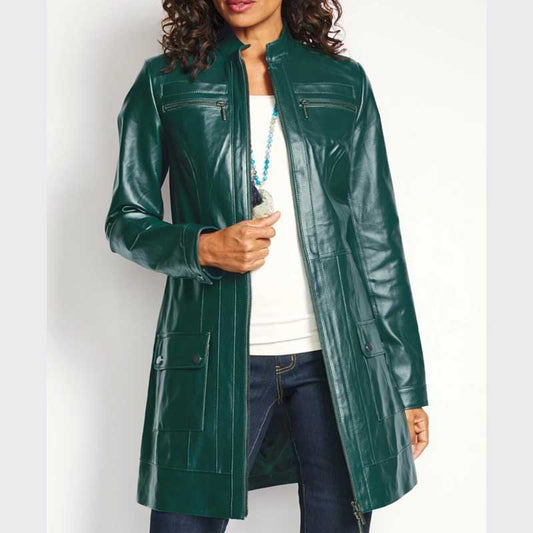 Women Green Genuine Leather Long Coat with Zip Front and Standup Collar