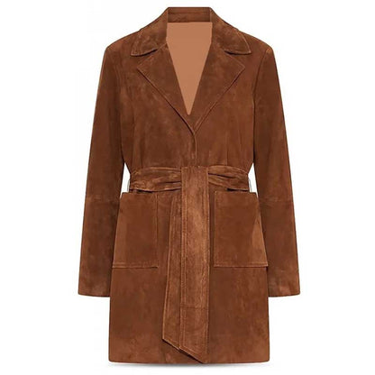 Women Plus Size Suede Leather Long Trench Coat with Button Closure