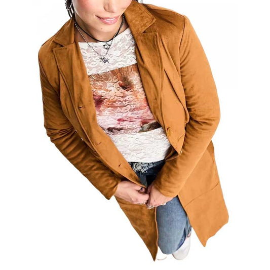 Women Rust Suede Leather Long Trench Coat with Notch Collar Front View